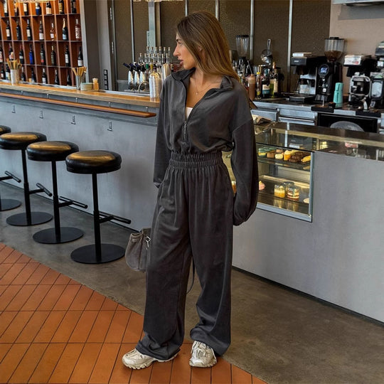 Damen Velours-Overall mit Reißverschluss, elastischem Taillenbund und weitem Palazzo-Bein Shop Nory