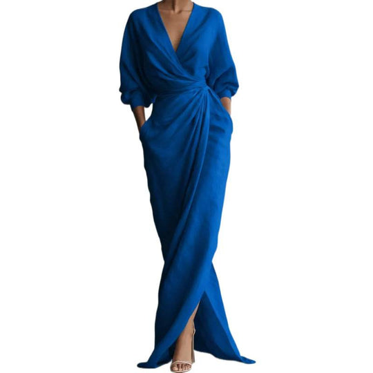 Damen Drapiertes Wickel-Maxikleid mit tiefem V-Ausschnitt, Taillen-Twist und Eingrifftaschen Shop Nory