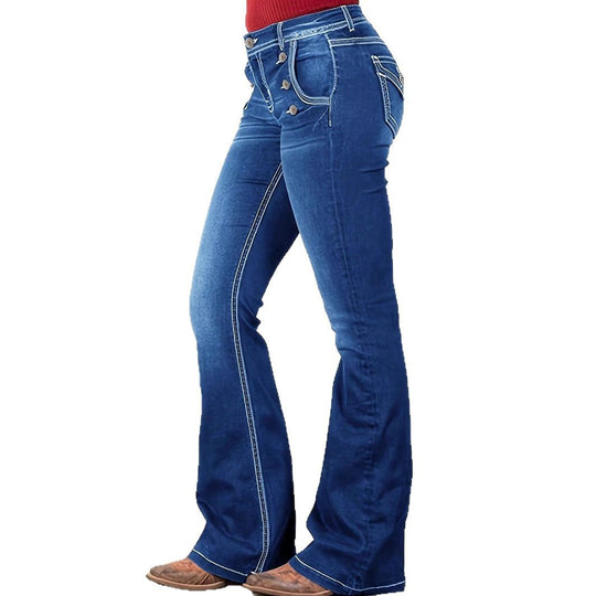 Damen Taillenbetonte Bootcut-Jeans mit Zierknopf-Applikation und Kontrastnähten Shop Nory