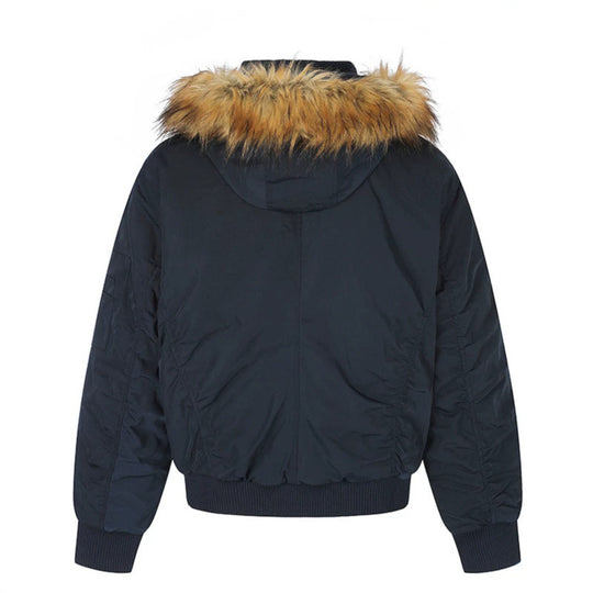 Damen Kurz geschnittene Bomberjacke mit Kunstfellkapuze und Ösenapplikation Shop Nory