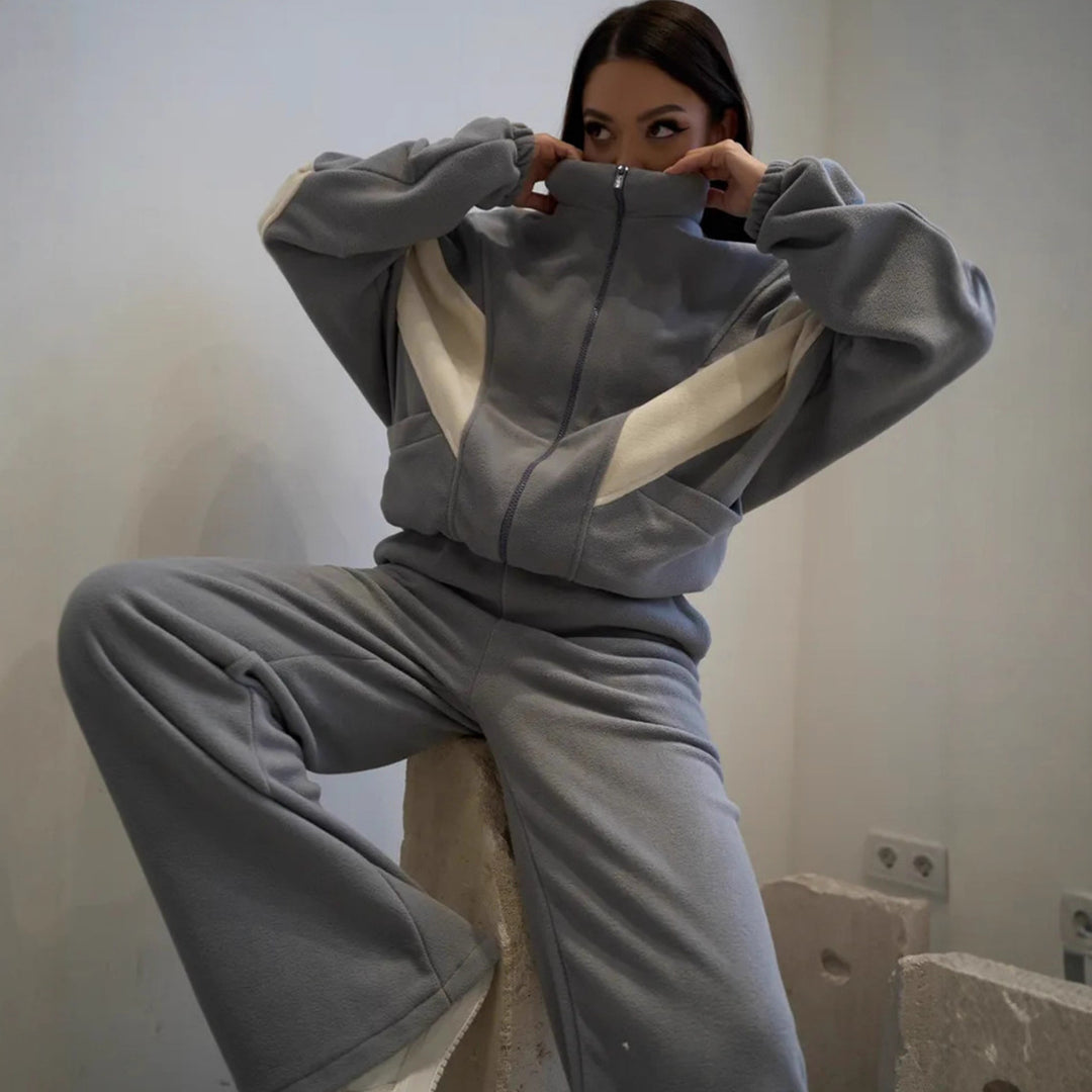 Damen Oversized Fleece-Lounge-Set mit Stehkragen, Reißverschlussjacke und weiter Palazzohose Shop Nory
