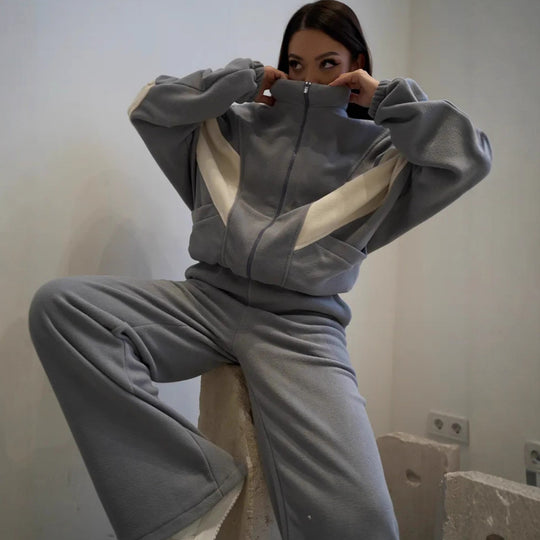 Damen Oversized Fleece-Lounge-Set mit Stehkragen, Reißverschlussjacke und weiter Palazzohose Shop Nory