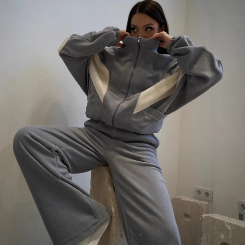 Damen Oversized Fleece-Lounge-Set mit Stehkragen, Reißverschlussjacke und weiter Palazzohose Shop Nory