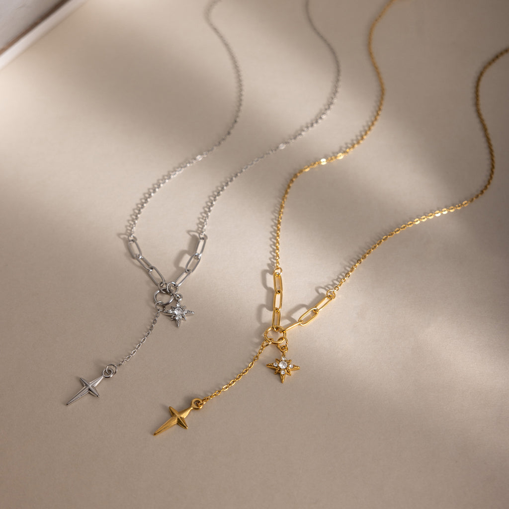 Damen Halskette mit modernen Sternanhängern und verstellbarem Edelstahl-Design Shop Nory