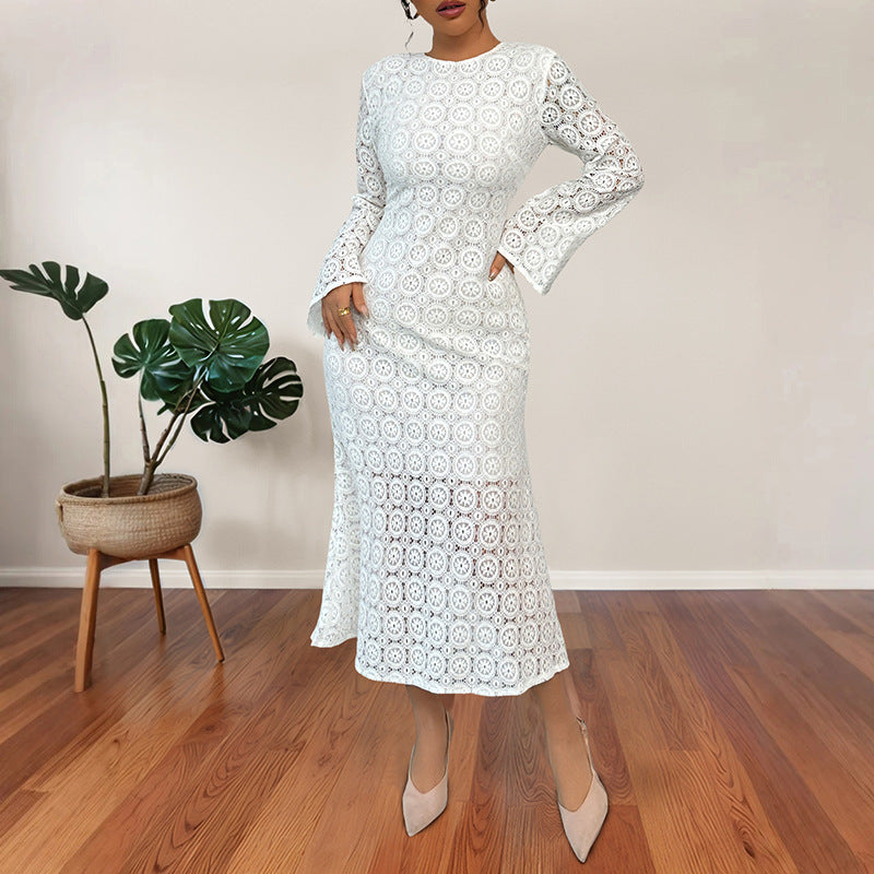 Damen Midikleid aus Häkelspitze mit taillierter Silhouette, Trompetenärmeln und ausgestelltem Saum Shop Nory