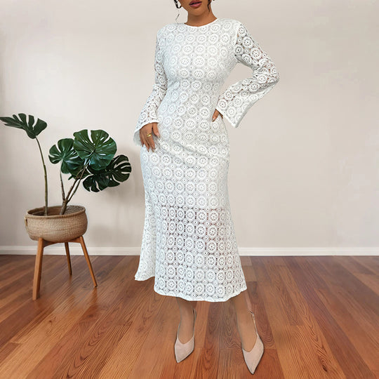 Damen Midikleid aus Häkelspitze mit taillierter Silhouette, Trompetenärmeln und ausgestelltem Saum Shop Nory