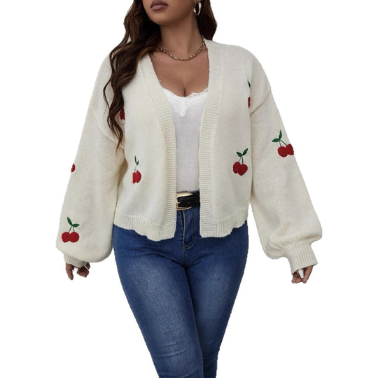 Damen Kurzgeschnittener Oversize-Cardigan mit Kirsch-Stickerei Shop Nory