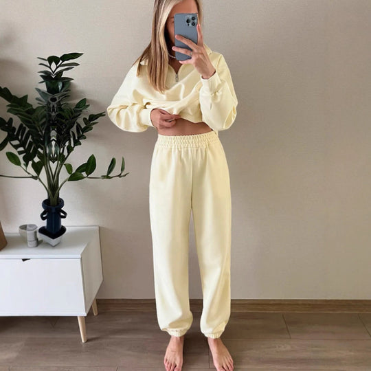 Damen Sweatset mit Halbreißverschluss, oversized Pullover und hochtaillierter weit geschnittener Jogginghose Shop Nory