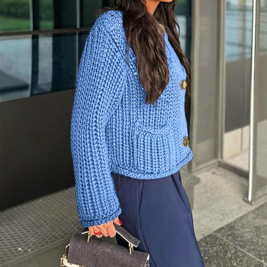 Damen Kurzcardigan im Rippen-Grobstrick mit aufgesetzten Taschen und Statementknöpfen Shop Nory
