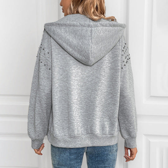 Damen Kapuzenjacke mit Reißverschluss und Perlendetail an den Ärmeln Shop Nory