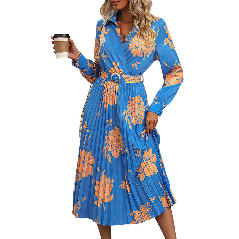 Damen Plissiertes Hemdblusenkleid mit Wickel‑V‑Ausschnitt, Taillengürtel und floralem Print Shop Nory