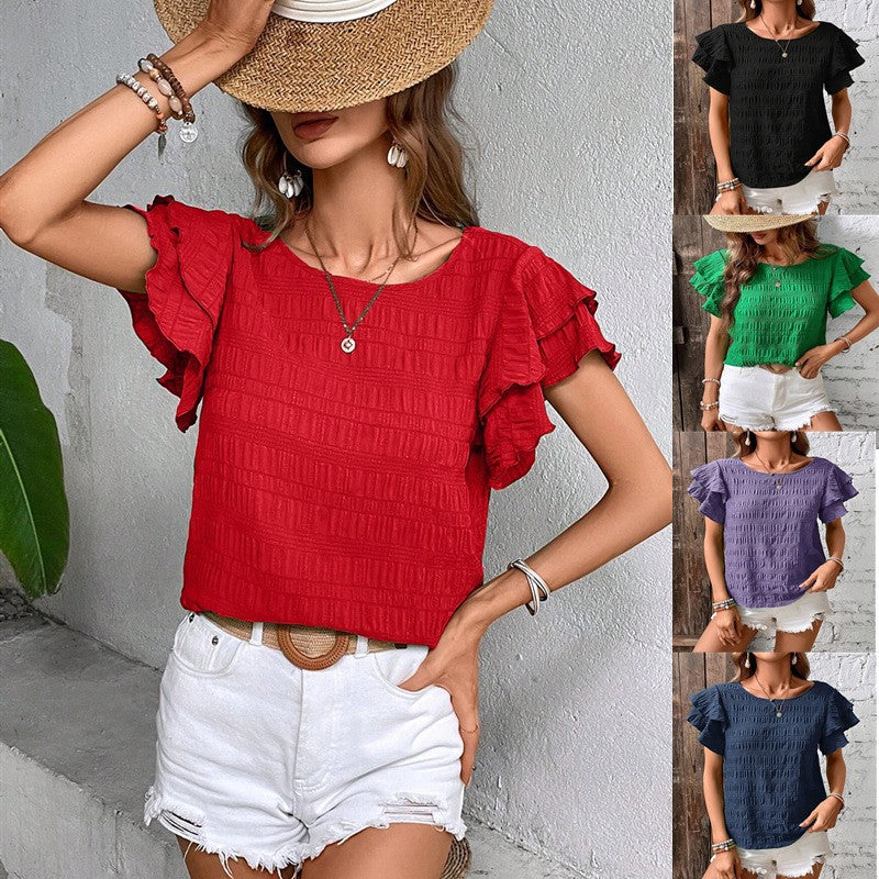 Damen Kurzarm-Bluse mit Smok-Effekt und Volantärmeln Shop Nory