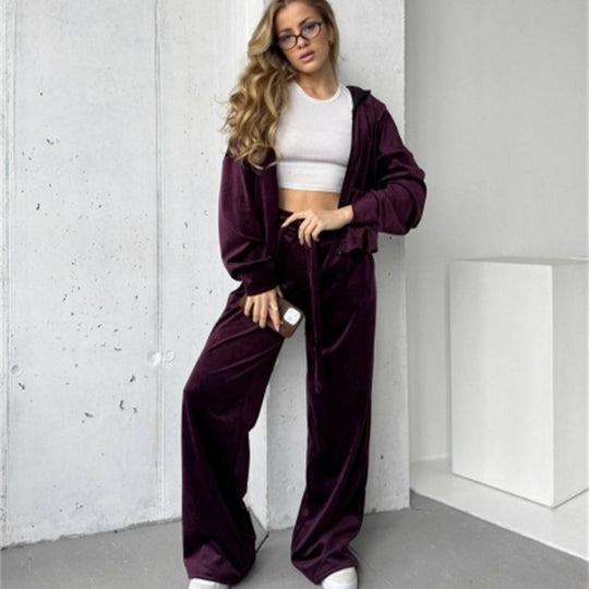 Damen weicher Velours-Trainingsanzug mit Kapuze, Reißverschluss und weitem Bein Shop Nory