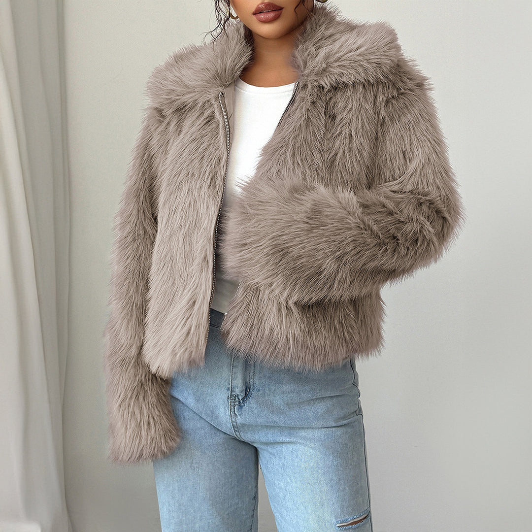 Damen nan kurzer Kunstfelljacke mit Stehkragen, verdecktem Reißverschluss und weiten Ärmeln Shop Nory