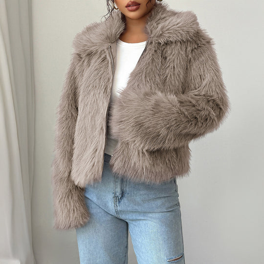 Damen nan kurzer Kunstfelljacke mit Stehkragen, verdecktem Reißverschluss und weiten Ärmeln Shop Nory