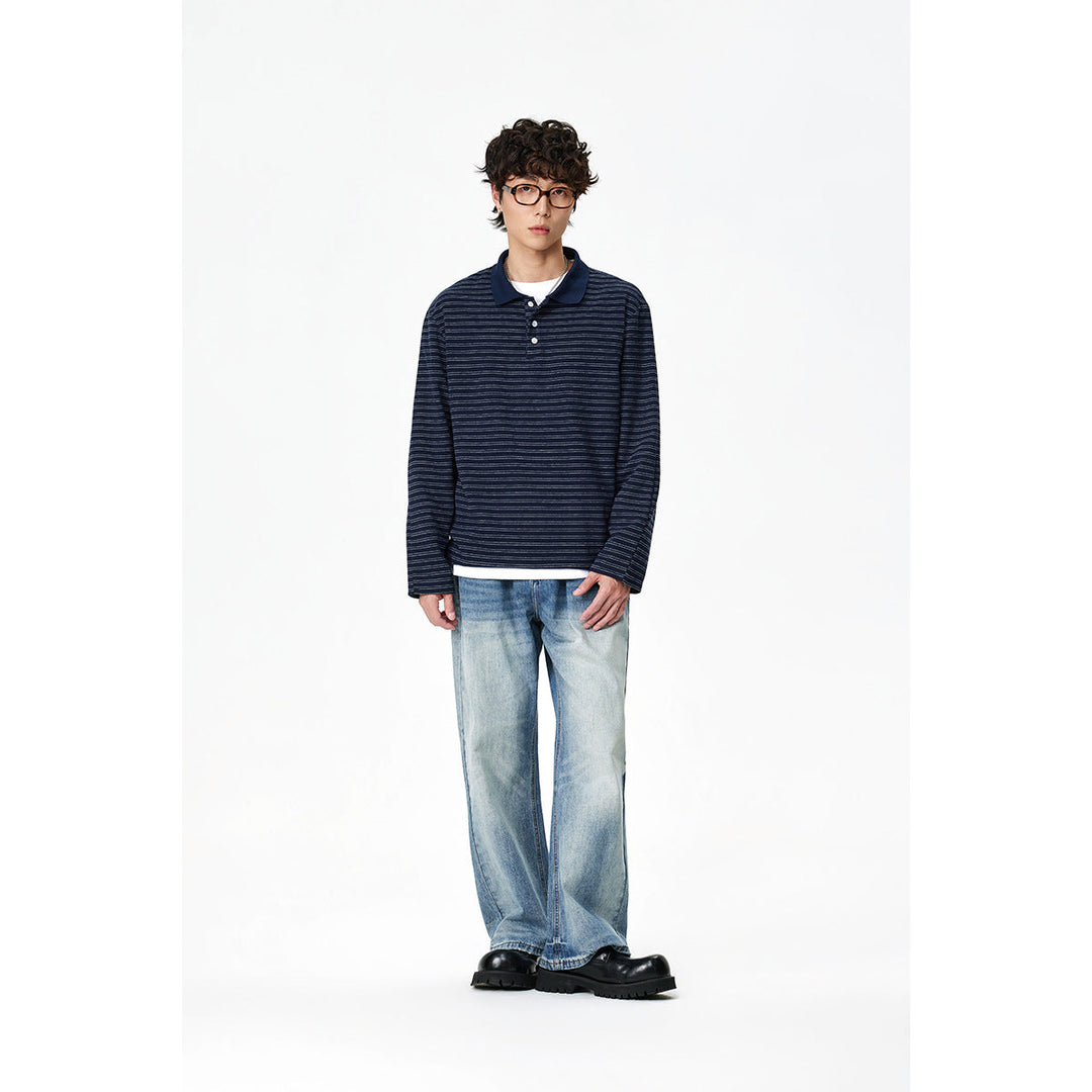 Herren Langarm-Poloshirt aus feinem Baumwollstrick mit Kentkragen und feiner Streifenstruktur Shop Nory