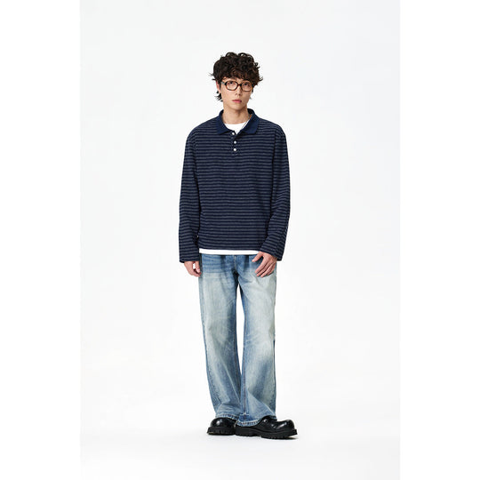 Herren Langarm-Poloshirt aus feinem Baumwollstrick mit Kentkragen und feiner Streifenstruktur Shop Nory