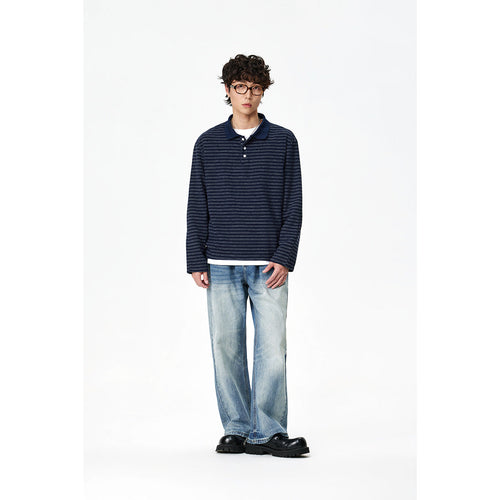 Herren Langarm-Poloshirt aus feinem Baumwollstrick mit Kentkragen und feiner Streifenstruktur Shop Nory
