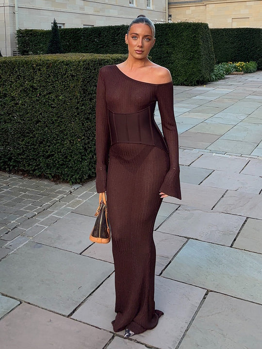 Damen One-Shoulder Maxikleid mit formendem Korsettbund und Rippstrick Shop Nory
