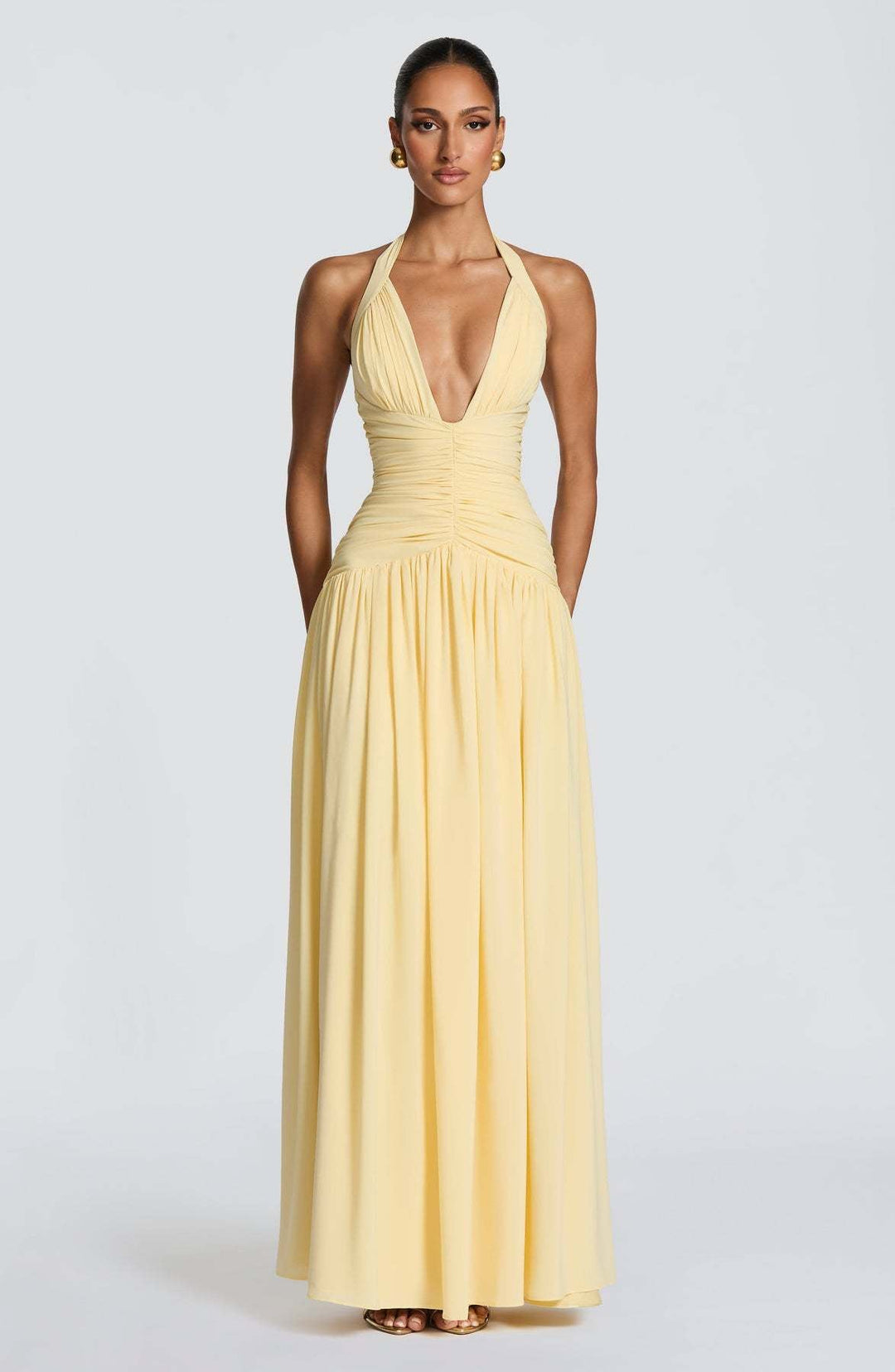 Damen Elegantes Maxikleid mit halterlosem Ausschnitt und raffiniertem Faltenwurf