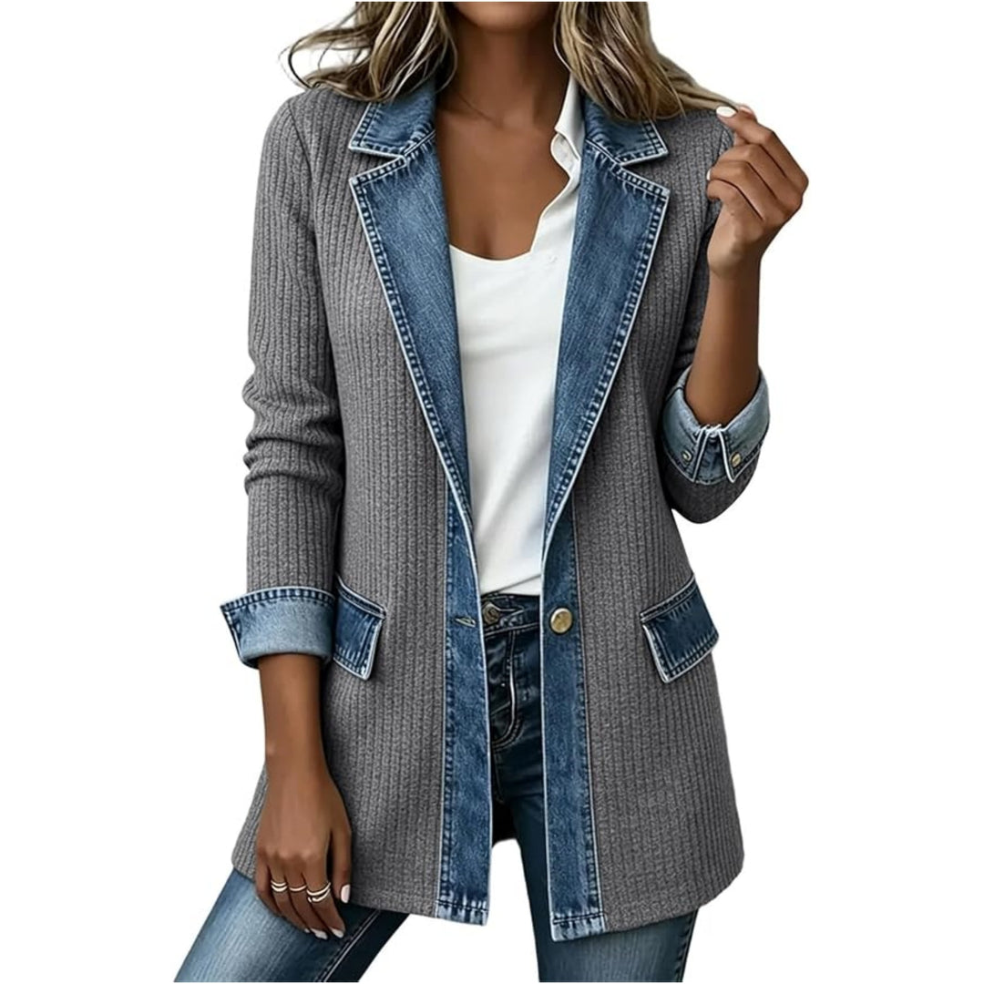 Damen Strickblazer mit Jeansbesatz und Reverskragen Shop Nory