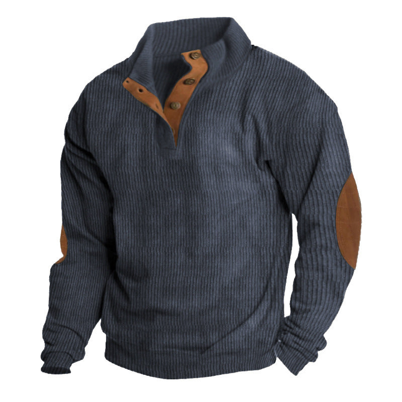 Herren Rippstrickpullover mit Stehkragen, Knopfleiste und Ellbogenpatches EB
