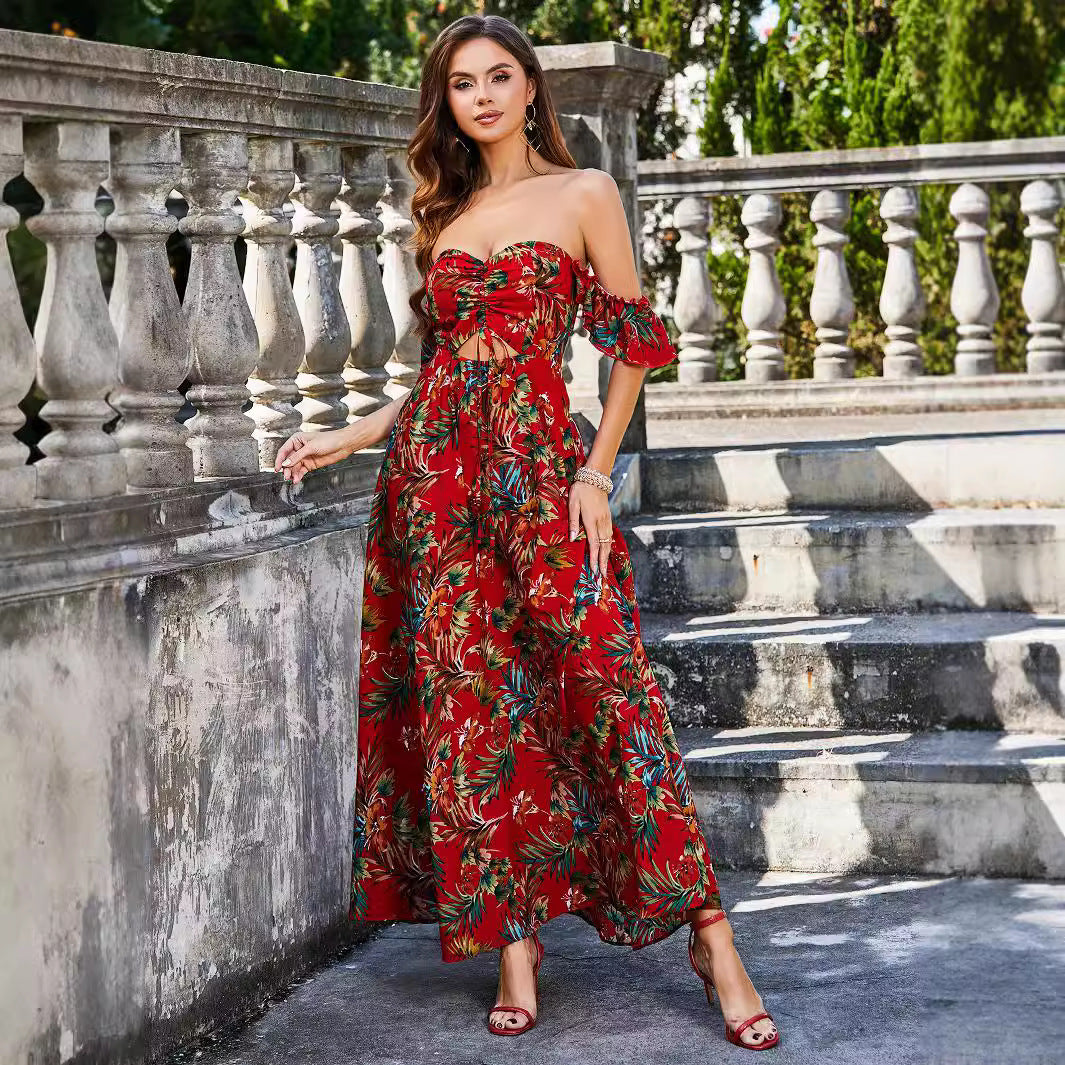 Damen Maxikleid mit schulterfreiem Design und floralem Druck Shopnory