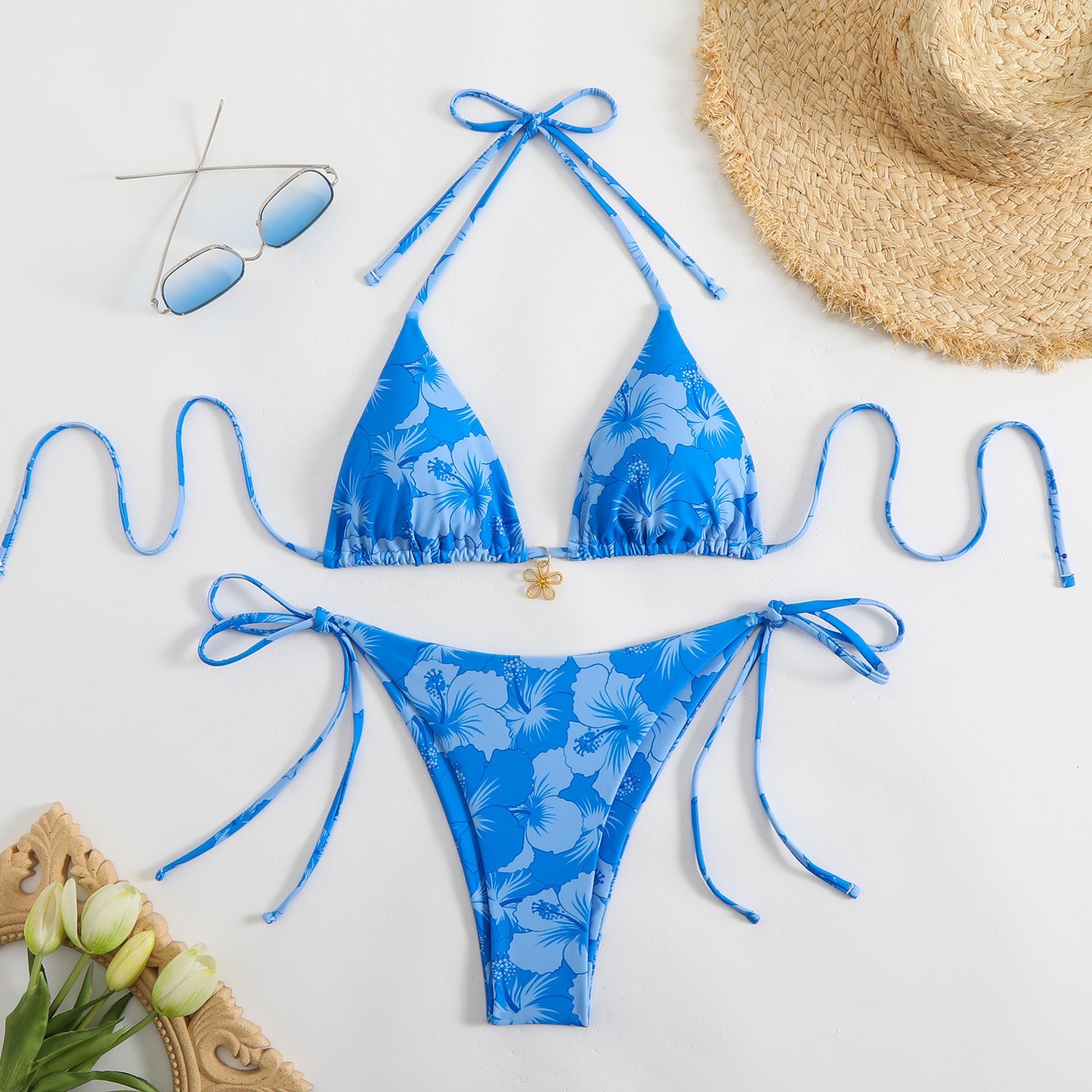 Damen Triangel-Bikini-Set mit floralem Design und verspielten BindShopnoryändern