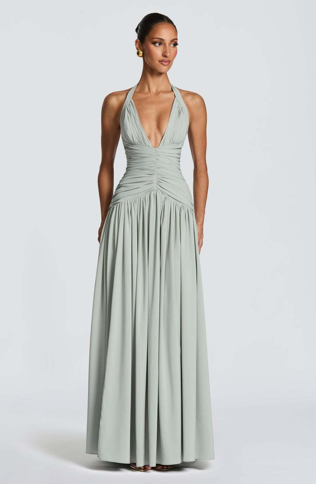 Damen Elegantes Maxikleid mit halterlosem Ausschnitt und raffiniertem Faltenwurf