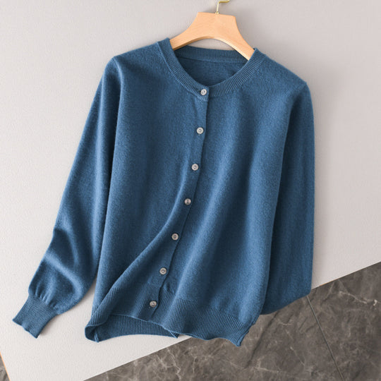 Damen Leichter Rundhals-Knopfcardigan in Kaschmiroptik mit feiner Rippkante und lässiger Silhouette Shop Nory