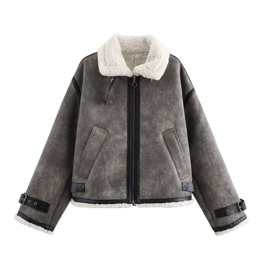 Damen Oversized Fliegerjacke mit Teddyfutter, Kunstlederbesatz und Schnallen Shop Nory