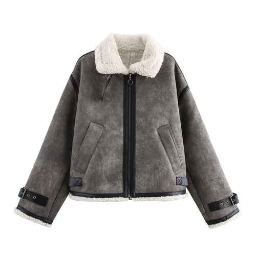 Damen Oversized Fliegerjacke mit Teddyfutter, Kunstlederbesatz und Schnallen Shop Nory