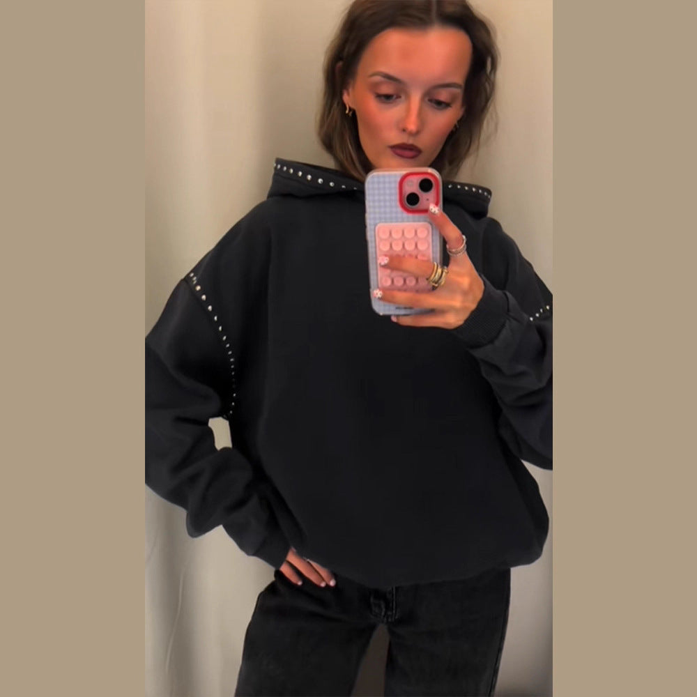 Damen Oversized Kapuzenpullover mit Nietenbesatz und Ballonärmeln Shop Nory
