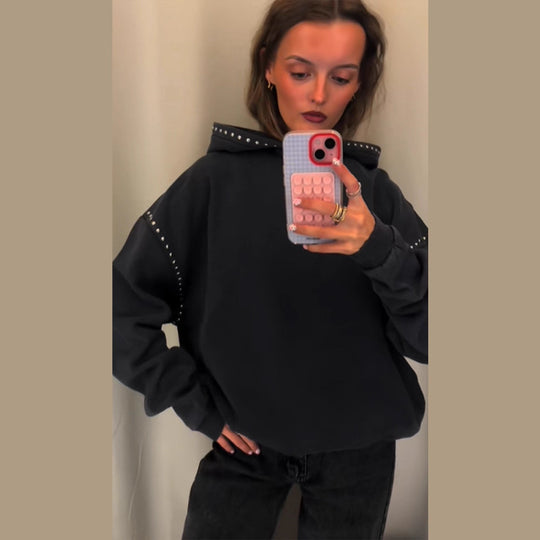 Damen Oversized Kapuzenpullover mit Nietenbesatz und Ballonärmeln Shop Nory