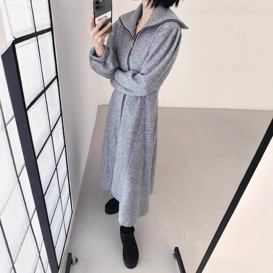 Damen Geripptes Strick-Midikleid mit Reißverschlusskragen und ausgestelltem Rock Shop Nory