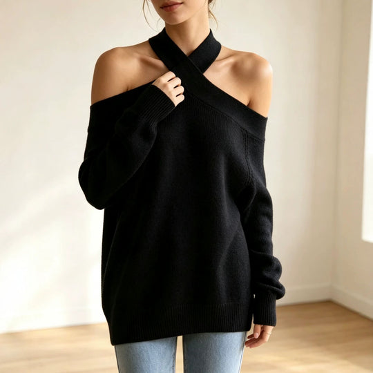 Damen Grobgestrickter schulterfreier Pullover mit überkreuztem Neckholder Shop Nory