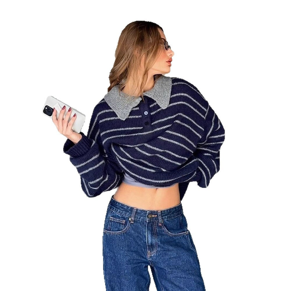 Damen Oversize Strickpullover mit Polokragen & Streifenmuster Shop Nory