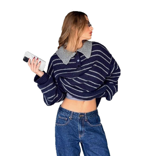 Damen Oversize Strickpullover mit Polokragen & Streifenmuster Shop Nory