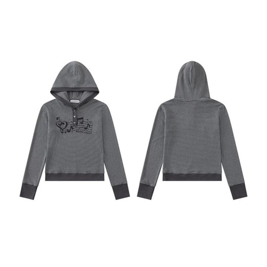 Damen Kapuzen-Henley-Pullover aus leichtem Streifenjersey mit Musik-Print Shop Nory
