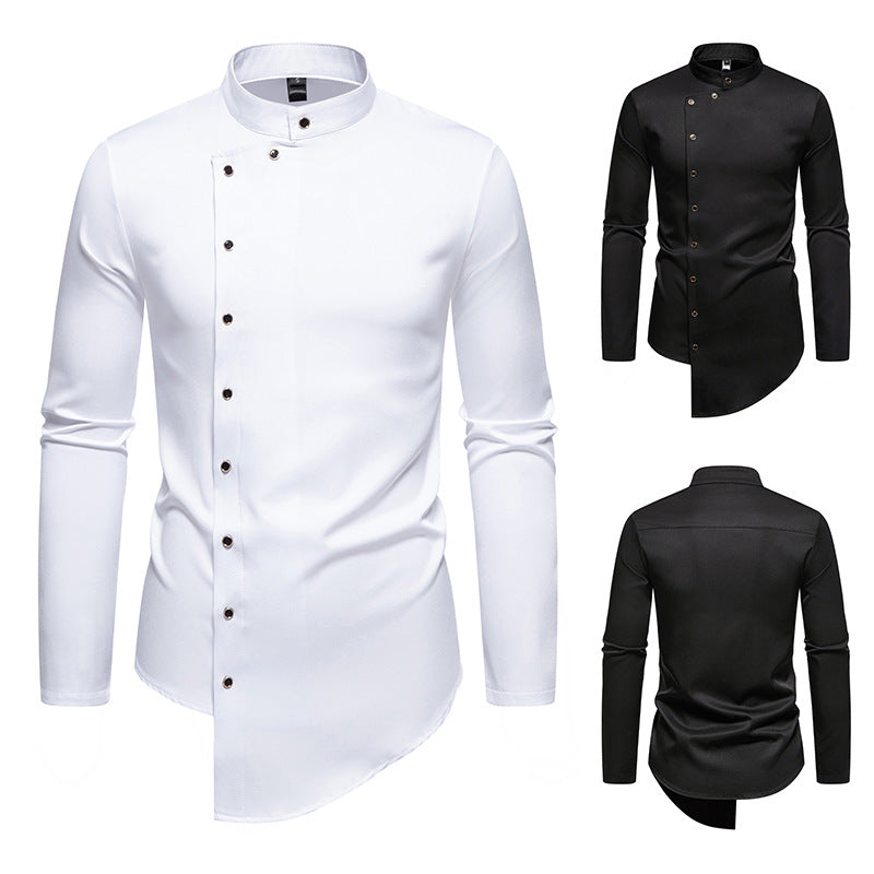 Herren modern geschnittenes Langarmhemd mit asymmetrischer Knopfleiste und Stehkragen Shopnory