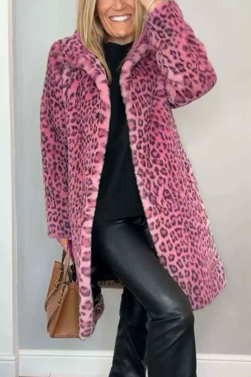 Mantel - Kunstpelz - Oversized Fit - Reverskragen - Leopardenprint