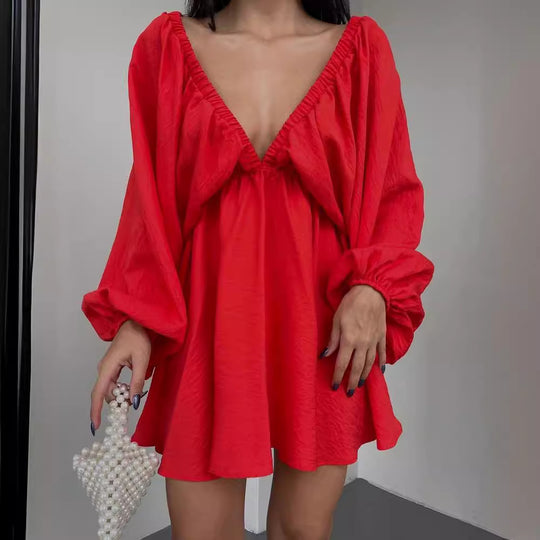 Damen Lockeres Minikleid mit tiefem V-Ausschnitt und Ballonärmeln Shop Nory