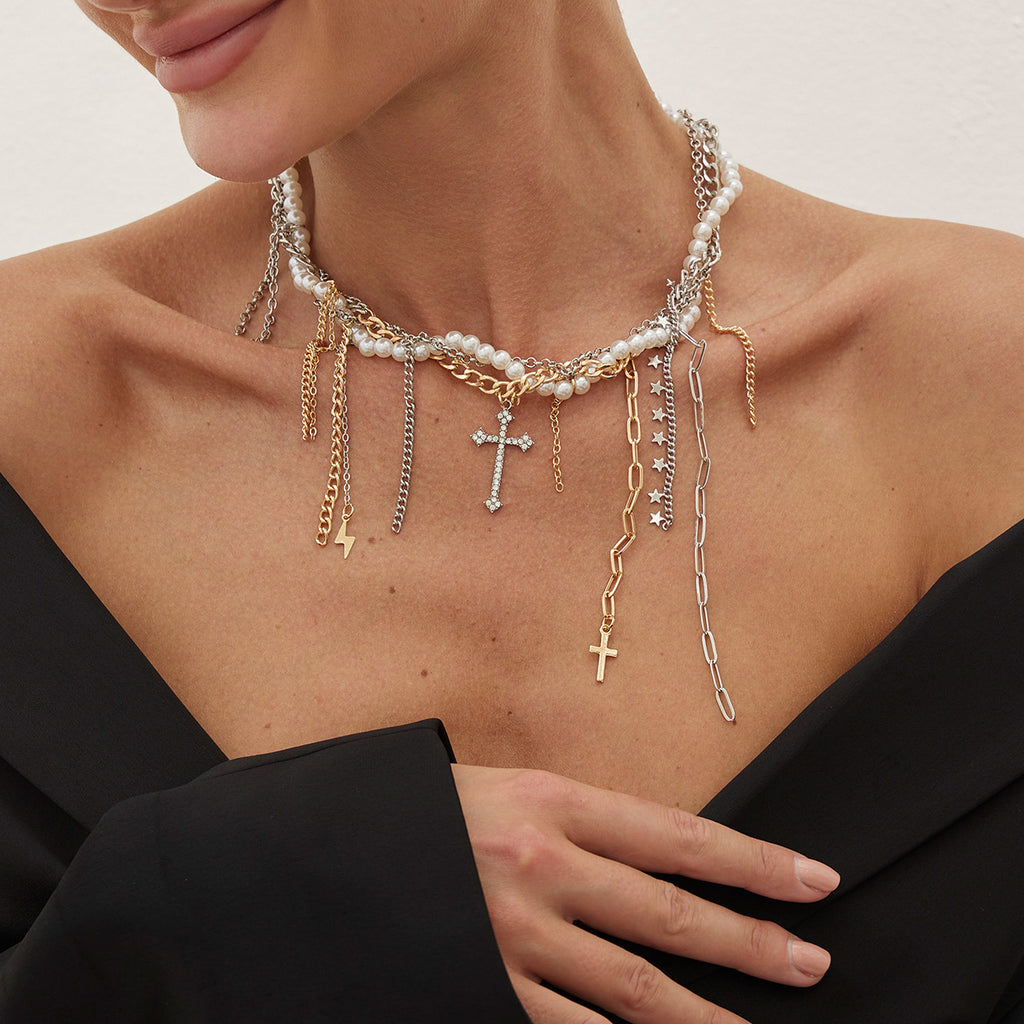 Damen Statement-Halskette mit feinen Ketten und eleganten Perlen Shop Nory