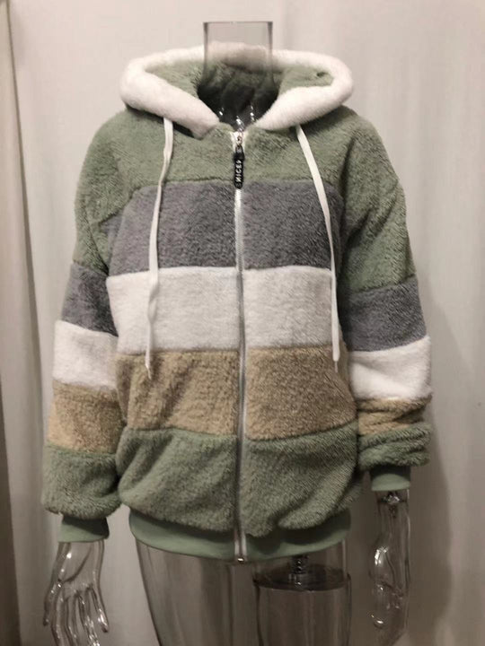 Damen nan oversized Kunstfell-Patchwork Kapuzenjacke mit Rippbündchen und Zweiwege-Reißverschluss Shop Nory