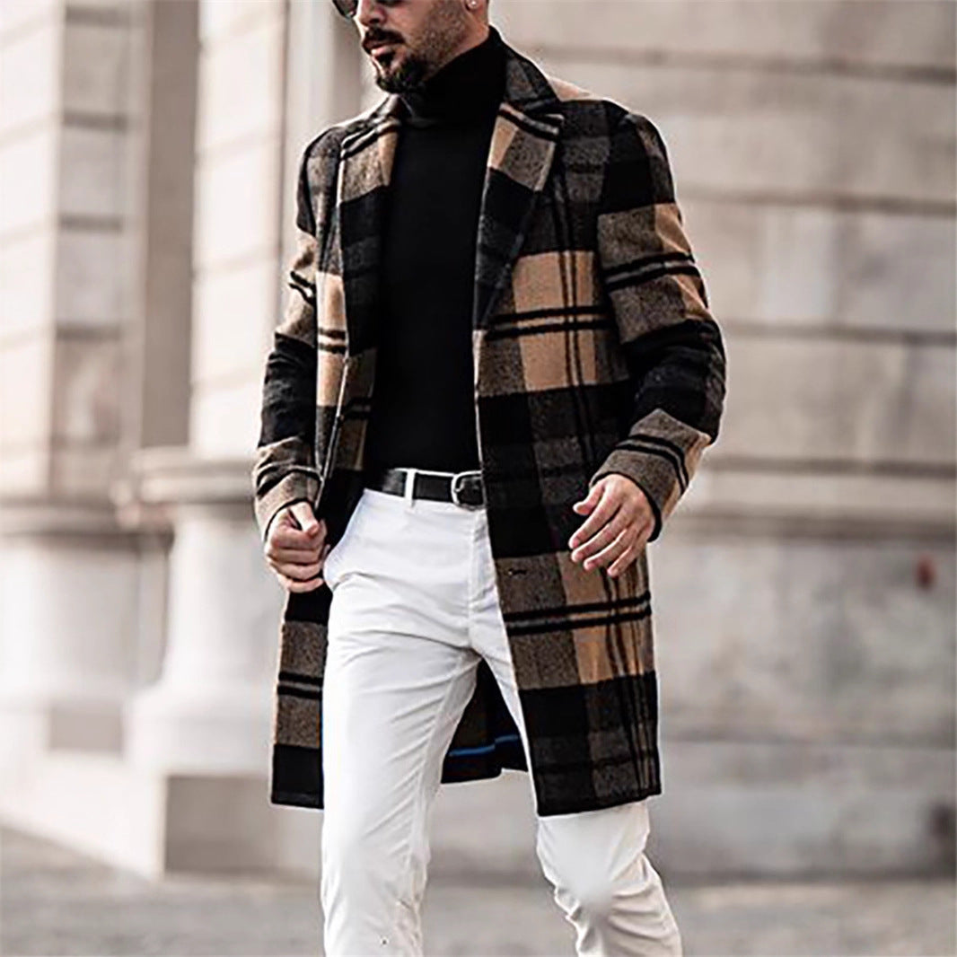 Herren Langer karierter Wollmix-Mantel mit Reverskragen und schlanker Silhouette Shop Nory