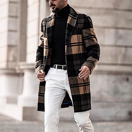 Herren Langer karierter Wollmix-Mantel mit Reverskragen und schlanker Silhouette Shop Nory