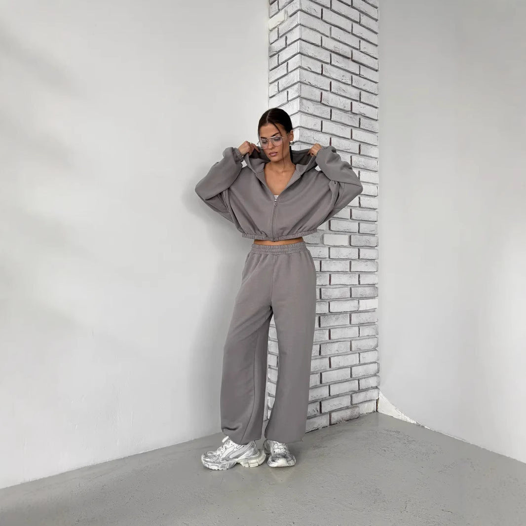 Damen Lounge-Set Cropped-Zip-Hoodie mit Oversize-Ärmeln und High-Waist Palazzo-Jogger Shop Nory