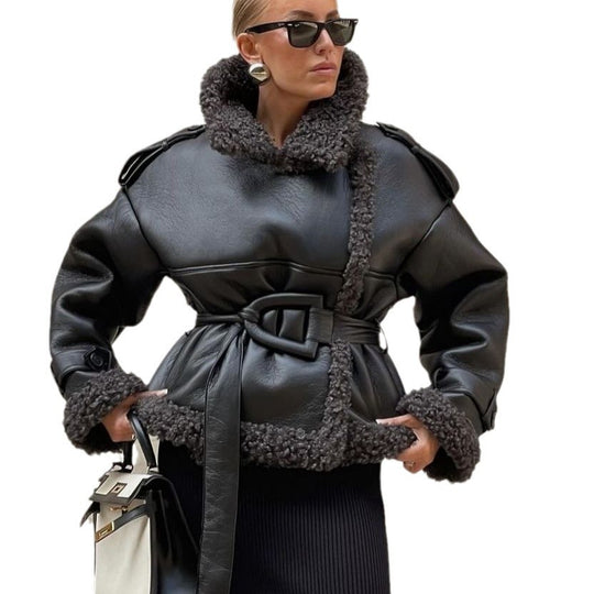 Damen Kurze Fliegerjacke aus Kunstleder mit Teddyfell-Kragen und Taillengürtel Shop Nory