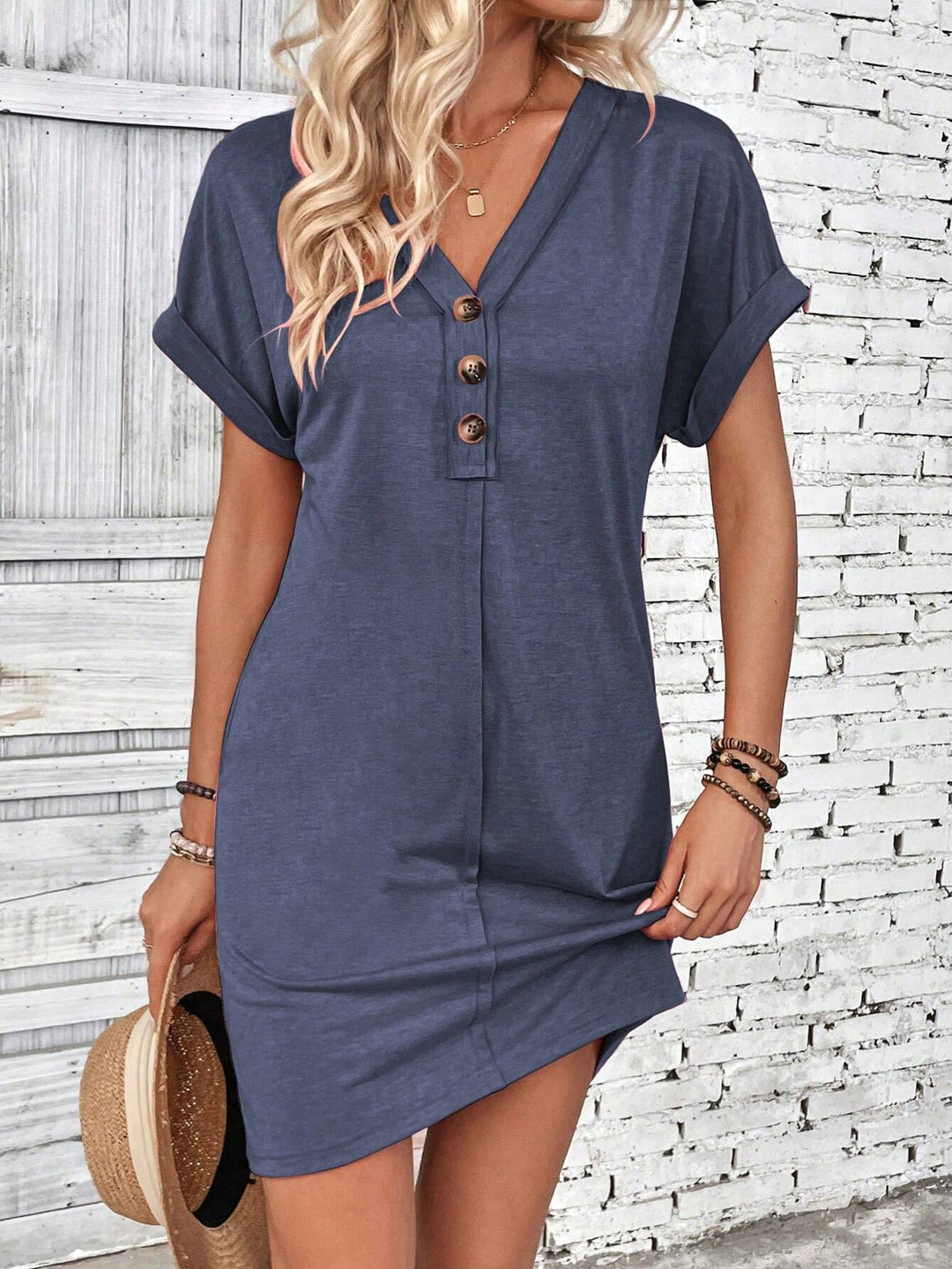 Damen Lockeres V-Ausschnitt Freizeitkleid mit Zierknopfleiste Shop Nory