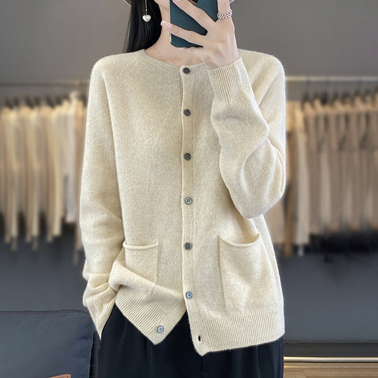 Damen Langer Feinstrick-Cardigan mit Rundhalsausschnitt, Eingrifftaschen und Alpaka-Mix Shop Nory